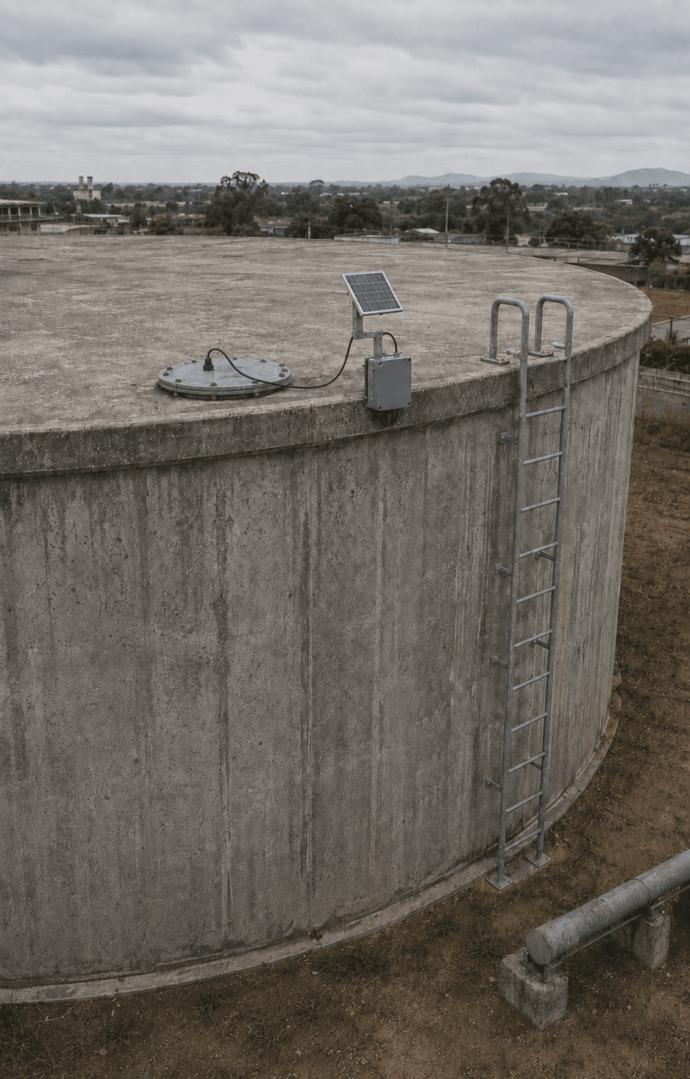 A MajiLink tank node installed on a concrete water reservoir, with a town on the horizon.