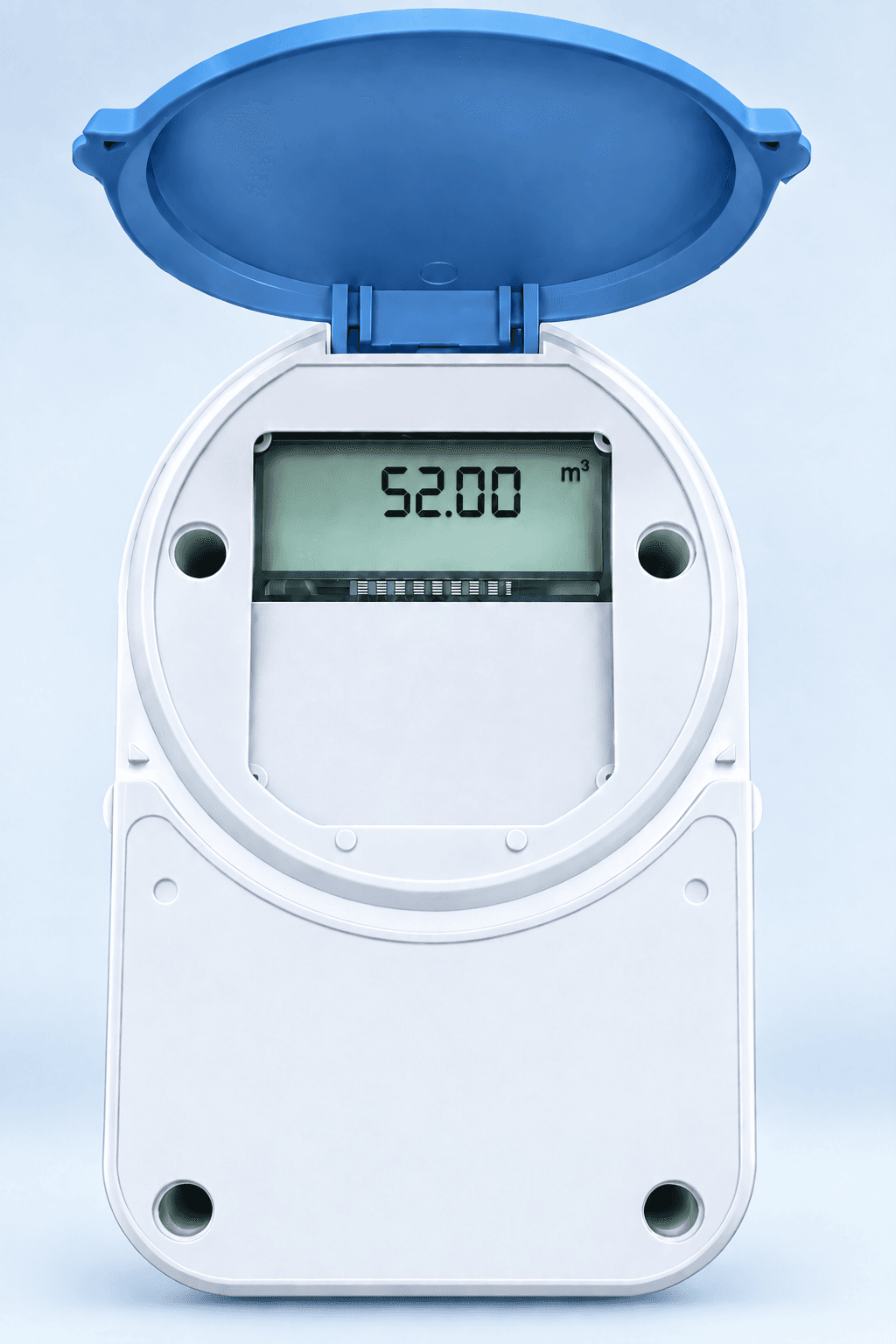 A MajiLink prepaid home water meter with its blue lid open, showing its display.