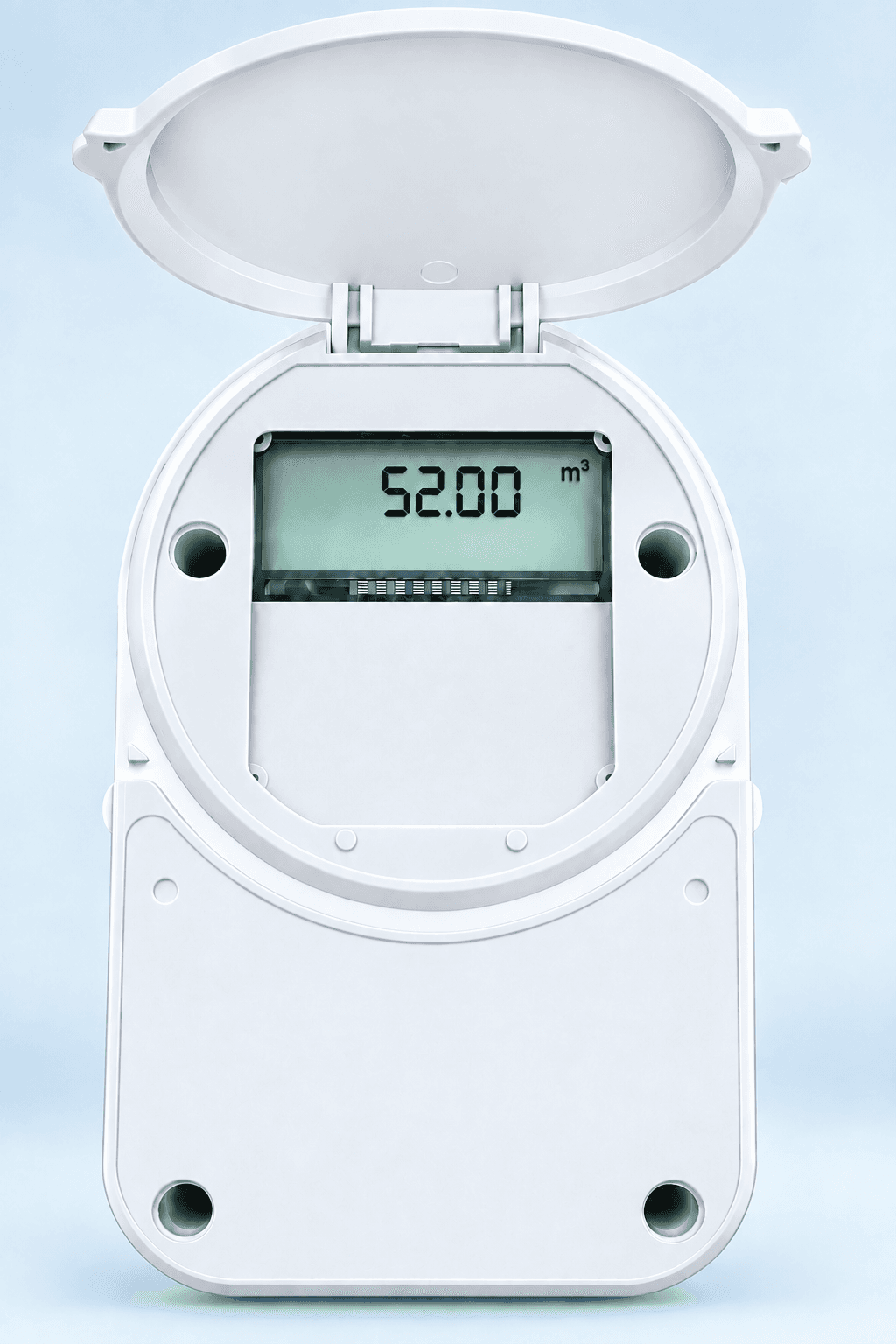 A MajiLink prepaid home water meter with its lid open, showing its display.